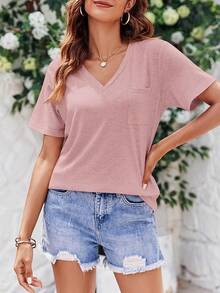 Camisetas de mujer de manga corta, sueltas y casuales para el verano con bolsillo - Rosa Pálido - Ver 3