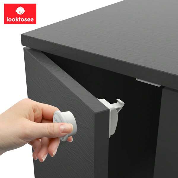 LOOKTOSEE Set de 6/8 cerraduras magnéticas para gabinetes de bebé, cerraduras de seguridad para gabinetes y cajones de niños, fácil instalación con adhesivo - 1 soporte para llave, pegatinas transparentes para indicar posición de desbloqueo, cintas de seguridad para niños, cerraduras para gabinetes y cajones para bebés