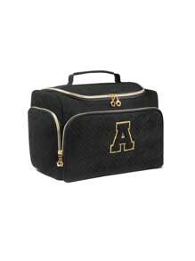 1pc Black Polyester Travel Toiletry Bag With Handle - Alphabet Pattern, Wet/Dry Separation, Machine Washable, Portable Makeup Organizer For Both Men & Women, Ideal Gift For Family & Friends, Daily Cosmetics Storage, Fashionable Makeup Case, Practical Design, Fabric, Must-Have For Frequent Travelers