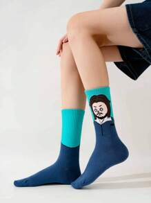 5 Pairs Unisex Mixed Color Original Abstract Artistic Illustration Design Fashionable Sports Mid-Calf Socks, Suitable For Everyday Wear