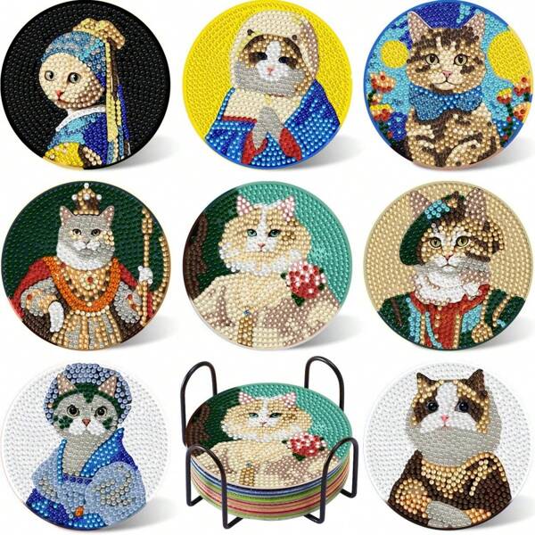 8pcs Diamond Painting Coasters With Holders, Cats Imitating Famous Art Series, Suitable For Beginner Art & Crafts Supplies