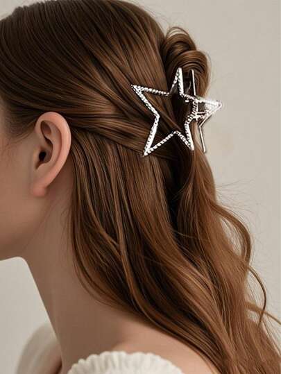 1pc Y2K Women Metal Star Design Hair Claw Clip, Strong Grip, Decorative Hair Accessories For Daily Use Summer Hair Clips Hair Jaw Clip Hair Clamps Hair Clutch Hair Catcher Clip, School Stuff, College Fall Winter For Vacation Outfits Woman