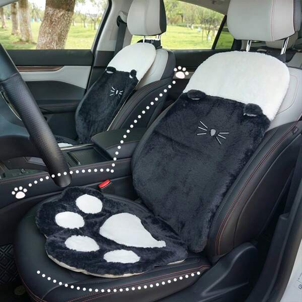 1pc Plush Seat Cushion, Winter Creative Cat Paw, Grid Car Warm And Anti Slip Seat Cushion, All Season Universal Car Seat Cushion