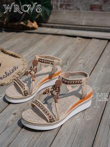 WRCVS 米色女士编织带坡跟凉鞋，手工串珠编织黄麻厚底轻便波西米亚风，提升夏季户外休闲时尚感，旅行必备单品 - 米色 - 查看 7