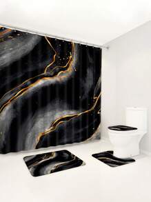 1pc/4pcs Black Marble Patterned Summer Shower Curtain Four Piece Set, Including Waterproof Shower Curtain, Non Slip Floor Mat, Toilet Seat Cover, And U-Shaped Mat, Complete Set Of Shower Curtain Kit, Twelve Hooks, Bathroom Decoration, Holiday Gift Back To School