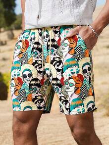 男士休闲夏威夷风格沙滩短裤，夏季 - 黃色 - 查看 4