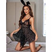 Women Lingerie Lace Babydoll Mesh Nightgown Chemise Boudoir Nighty Sleepwear - 黑星 - 查看 4
