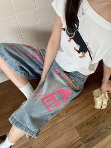 Quần jeans lửng dáng rộng in họa tiết Dopamine dành cho nữ - Màu xanh lam - Xem 2