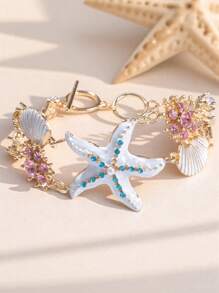 1 Stück modischer Dopamin-Luxus-Öltropfen-Stil Seestern & Jakobsmuschel Muschelschmuck-Armband mit Strass und Kunstperlen, geeignet für Geburtstag, Feiertage, Geschenk für Freundinnen, Freunde