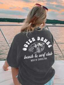 女士休闲字母印花圆领T恤，百搭实用。图案T恤，女士白色/黑色/粉色上衣，适合度假穿着。 - 深灰色 - 查看 6