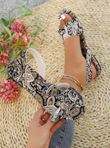 Boho Floral Print Flat Sandals With Ankle Strap, Slip-On Design For Beach, Casual, Fashion & Comfortable Leisure Wear For Women