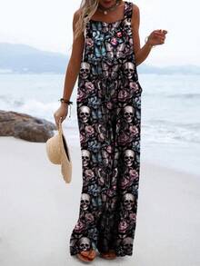 Fashionable Summer Skeleton Head Print Sleeveless Jumpsuit - Pink - View 3