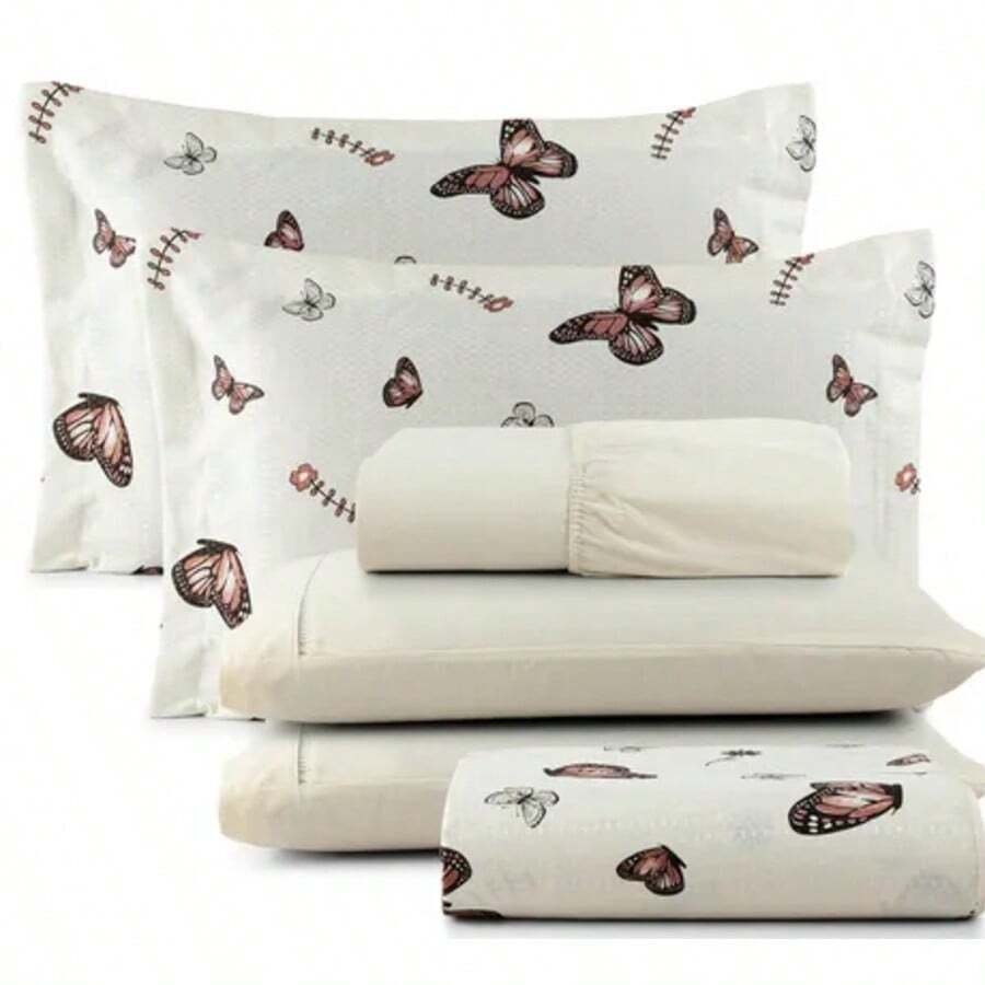 100% Cotton Queen And Double Bedspread + Sheet 6 Pieces - 卡其色蝴蝶 - 查看 1