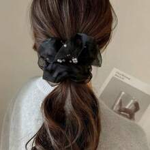 Oversized Faux Pearl Organza Scrunchie Simple Hair Ties 2025 New High-End Decor Floral Hair Accessories For Women, Hair Accessory ,Hair Accessories, Scrunchy Hair Ties, Casual Ponytail Head Accessories Elastic Band - Multicolor - View 2