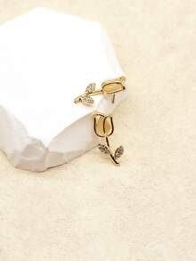 2pcs Fashion Minimalist Tulip Flower Rhinestone Stud Earrings, Suitable For Holiday, Party, Date, Daily Wear - Yellow Gold - View 1
