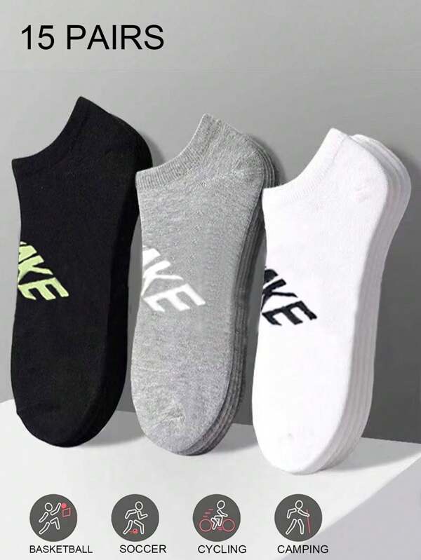 15 perechi de șosete unisex, șosete sport, șosete scurte albe/negre/gri, șosete invizibile, culoare uni, simple și la modă, potrivite pentru purtare casual de zi cu zi