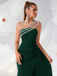 ADYCE Elegant Handmade Rhinestone Strapless High Waist Long Satin Dress, Side Slit Backless Design, Suitable For Party Dress, Prom, Birthday Party, Formal Dinner, Date, Homecoming, Wedding Guest, Formal Gala, Family Gathering And Other Occasions., Valentine's Day - Dark Green - View 8