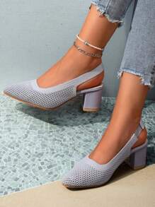 Knitted Mesh Cap Toe Back Strap Summer New Versatile Temperament Pointed Toe Low Vamp Side Hollow Thick Heel Sandals For Women