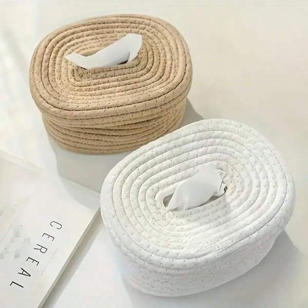 1 Pc Covered Oval Tissue Box, Hand Woven Tissue Box Cover, Wet Tissue Storage Box, Mask Storage Basket, Suitable For Bedrooms, Living Rooms, Offices, And Shops