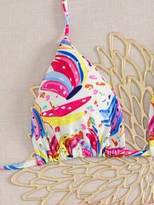 2pcs Women Summer Beach Pattern Print Halter Tie String Sexy Thong Bikini Swimsuit Set - Pink - View 4