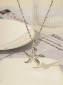 1 conjunto de 3 peças de colar e brincos da moda, corrente de aço inoxidável com pingente de estrela do mar, adequado para presente de joia diário feminino