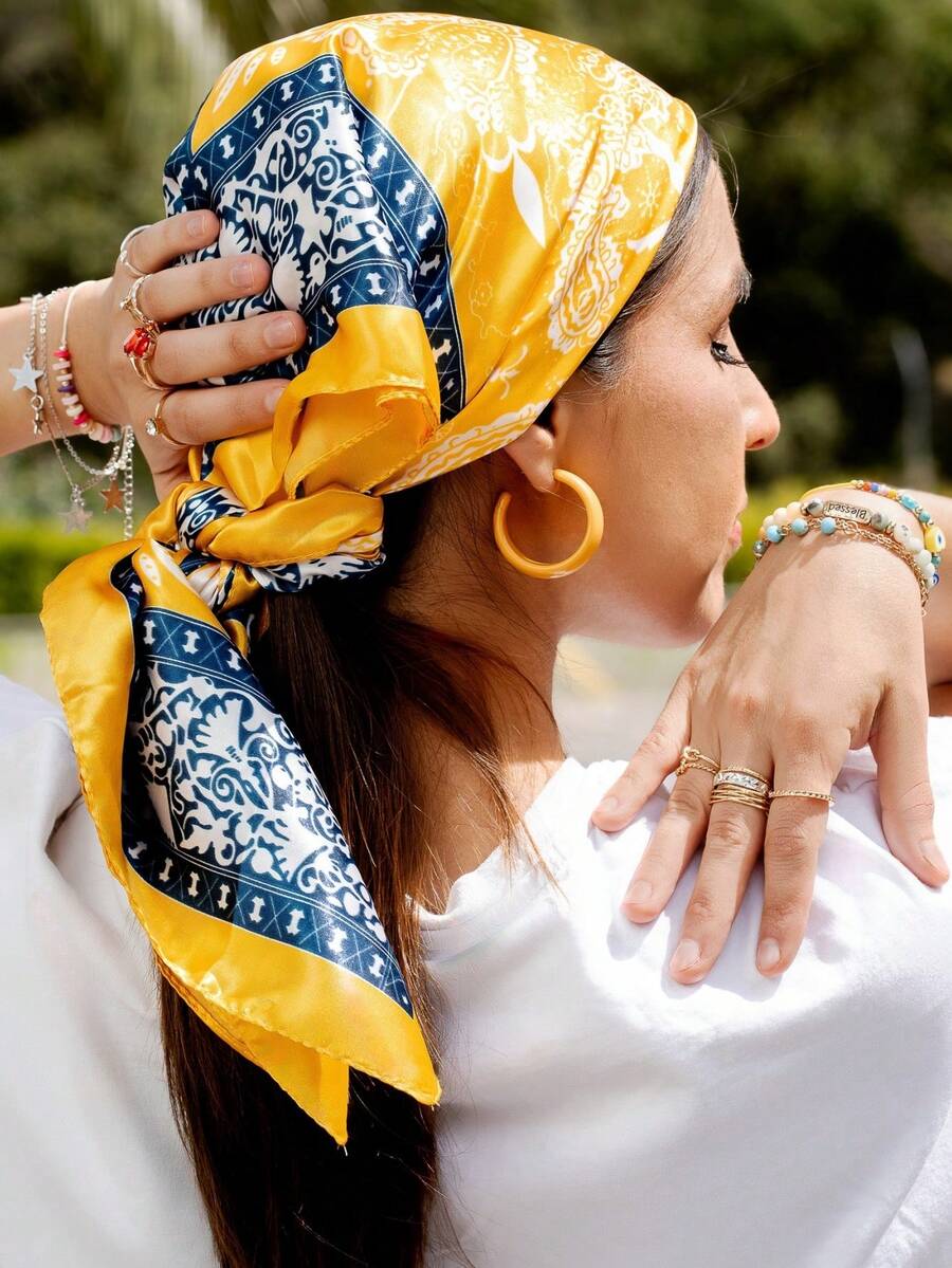 1 buc. Eșarfă din satin pentru femei, mărimea mare, 90 cm, cu imprimeu paisley galben și alb, mătăsoasă și moale, poate fi folosită ca bandă de păr sau batistă, potrivită pentru asortarea rochiilor - Galben - Vizualizare 1