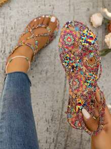 planare Sandalias planas de verano cómodas con estilo bohemio casual de mujer, con correas cruzadas tejidas de colores y estampado geométrico, puntera redonda, diseño slip-on para la playa