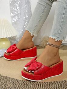 Sandalias de mujer 2025, sandalias con plataforma y cuña gruesa con lazo y estampado de leopardo sexy, sandalias elevadas cómodas de punta redonda y slip-on para mujer, esenciales casuales para primavera/verano, para usar con vestidos - Serpiente roja - Ver 4