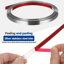 Barra plana metálica de acero inoxidable plateado con respaldo autoadhesivo para decoración de pared