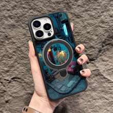 The Phone Case Displays A Detailed Illustration Of A Small, Cozy Room With A Pink Couch, A Lamp, And Various Wall Decorations, Depicted In Vibrant Blue And Pink Hues. 1pc  Phone Case For Apple  16 15 14 13 12 11Plus Pro Max SE Series Phone Case For  Friends, Girlfriends, Boyfriends, Family Or Yourself. - Black - View 1