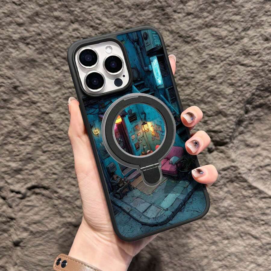 The Phone Case Displays A Detailed Illustration Of A Small, Cozy Room With A Pink Couch, A Lamp, And Various Wall Decorations, Depicted In Vibrant Blue And Pink Hues. 1pc  Phone Case For Apple  16 15 14 13 12 11Plus Pro Max SE Series Phone Case For  Friends, Girlfriends, Boyfriends, Family Or Yourself. - Black - View 1