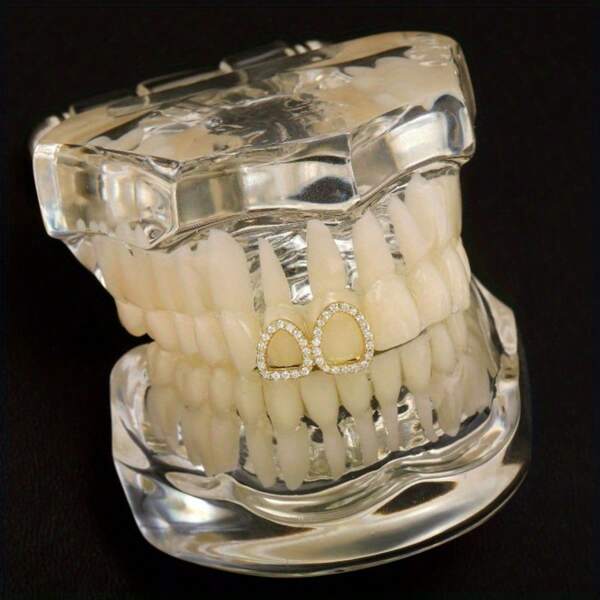 1pc Hollow Double Tooth Design Gold Color Cubic Zirconia Inlaid Tooth Jewelry Grill - Fashionable Synthetic Cubic Zirconia Decor, Unisex