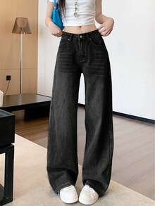 女士口袋阔腿宽松日常休闲牛仔裤
