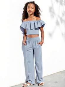 2 piezas Conjunto de verano para niñas, Blusa corta con hombros descubiertos y volantes + Pantalones anchos de cintura alta, Conjunto casual elegante y dulce para niños - Celeste - Ver 2
