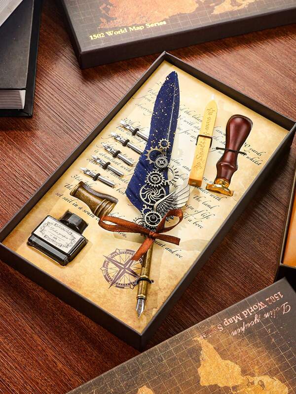 Conjunto de canetas de pena vintage, inclui caderno, carimbos e abridor de cartas. A caneta de pena mecânica combina estética retrô com funções práticas e modernas. Seja para um diário ou um presente, é uma excelente escolha! Material escolar, volta às aulas