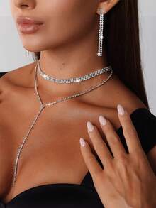 2pcs Women Jewelry Set - Rhinestone Encrusted Y-Shape Long Necklace And Earrings, Elegant For Wedding/Formal Events - 2-piece Set - View 3