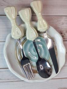 1 件北欧风格陶瓷蝴蝶结餐具，淡黄色和粉色陶瓷手柄 304 不锈钢勺子、叉子和刀餐具套装，优雅的黄油刀，节日礼物，生日祝福，派对用品，送给男朋友/女朋友的礼物，学校用品