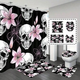 [Opción popular] 1 pieza/4 piezas Conjunto de cortina de ducha de baño, cortina de ducha, decoración de baño, alfombra de baño, fondo negro con calavera y patrón floral, "Feliz Halloween", regalo, decoración con tema de Halloween, conjunto de baño de moda clásica y sencilla, incluye 12 ganchos