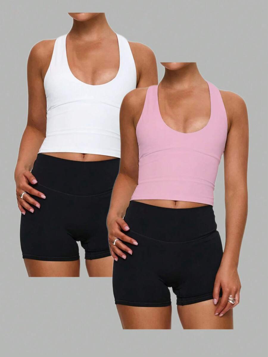 Bộ 2 áo bó sát cổ chữ U màu trơn cho nữ, thời trang, đa năng, ôm vừa vặn, thích hợp mặc thường ngày - Nhiều màu - Xem 1