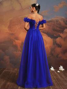 VIPGIRL Elegant Mesh Long Evening Dress Formal Prom Wedding Guest Gown, For Graduation, Dinner Party Dress Spring - Royal Blue - View 3