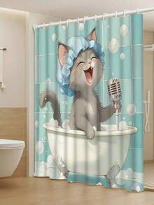 1/4 件卡通 McBa 唱歌猫浴帘套装，浴缸里戴着蓝色蝴蝶结的淘气灰猫，俏皮的猫咪图案，浅蓝色格子背景，可水洗涤纶，浴室装饰的理想选择，荷叶边顶部浴帘 | 爱猫人士的礼物，四季皆宜 - 彩色 - 查看 13