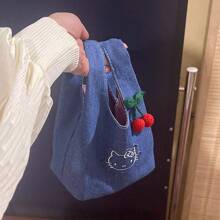 Sanrio Sanrio Hello Kitty Cute Denim Embroidered Kitty Handbag, Hello Kitty Bag ,A Stroll Bag, Portable And Spacious For Carrying Out, A Lunch Bag For Work.,Handy New Hello Kitty Lunch Box Bag Cartoon Cute Handbag Large Capacity Tote Storage Bag,Travel Essentials