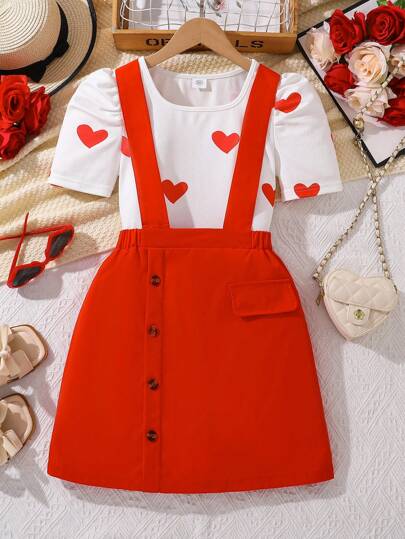 Left Mama Girls Big Tween Girl Cute Heart Print Short Sleeve T-Shirt And Suspender Skirt Set, Summer