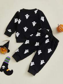 Toddler Baby Boy Halloween Outfit Boo Letter Embroidery Ghost Print Long Sleeve Crewneck Sweatshirt Pullover Tops And Elastic Pants 2 Piece Fall Winter Clothes