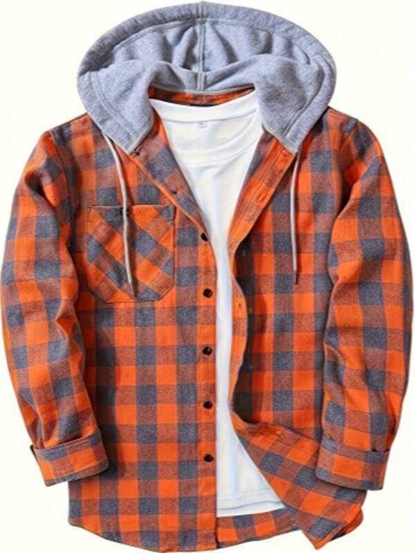 Men Flannel Hoodie Shirts Long Sleeve Casual Plaid Jackets