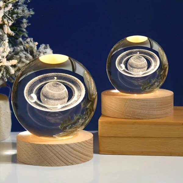 6cm 3D Planet Crystal Ball LED USB Night Light Solar System Galaxy Table Lamp Moon Sphere Saturn Planets Decorative Lamp For Bedroom Decoration Birthday Gifts, Warm White Lights