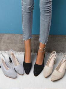 Knitted Mesh Cap Toe Back Strap Summer New Versatile Temperament Pointed Toe Low Vamp Side Hollow Thick Heel Sandals For Women