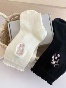 1 Par de Meias Médias Femininas com Bordado de Flores, Meias de Renda Versáteis Estilo Academia Doce, Primavera/Verão