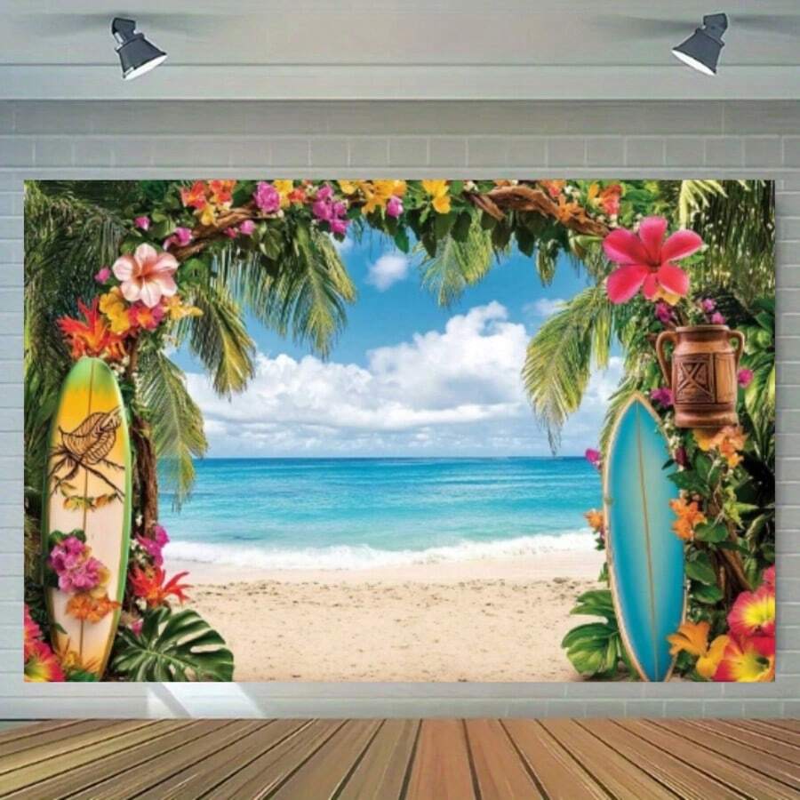 1 Piece, Tropical Seaside Background, Summer Beach Hawaii Island Palm Tree Photography Background, Photo Background, Video Wall Background, Hanging Cloth, Party Banner, Party Photo Background, Party Supplies - Multicolor - View 1