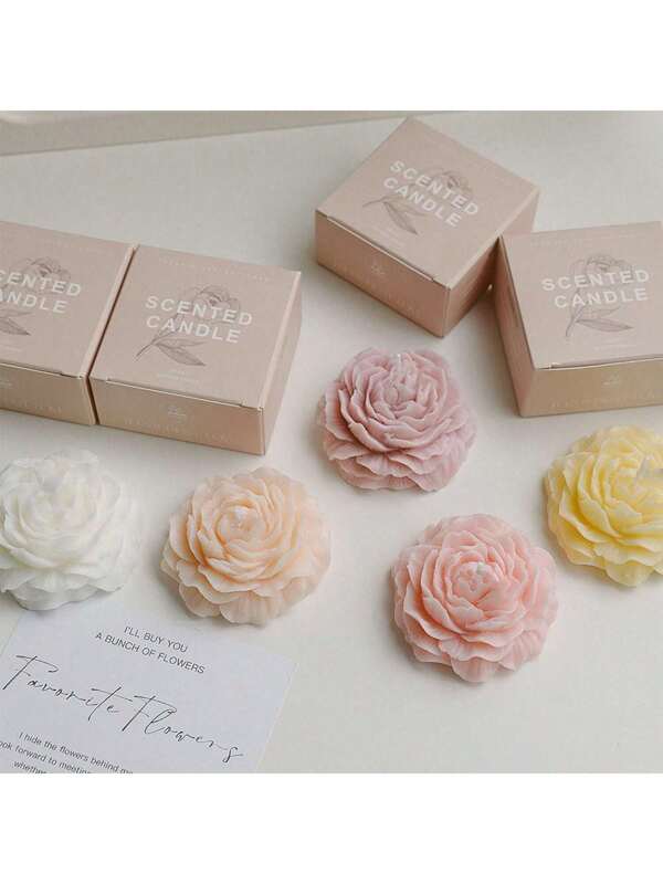 "Peony Flower Shaped Scented Candle, Natural Soy Wax, 10-15 Hours Clean Burning, Suitable For Home Decoration And Gifts, Wedding Party Decorations, Wooden Wick, Hand Poured Aromatherapy, Vegan, And